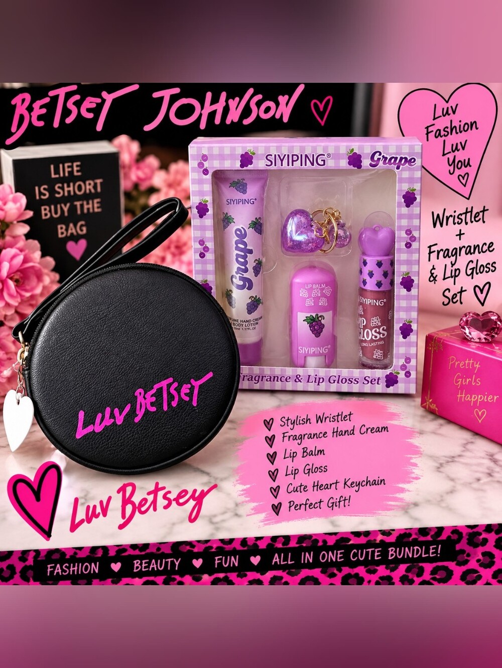 💕 Betsey Johnson “Luv Betsey” Wristlet + Grape Beauty Set 💕
